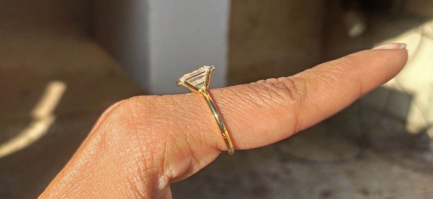 Half Bezel Set Emerald Moissanite Solitaire ring with Knife edge band, Engagement ring for her, ring for women.