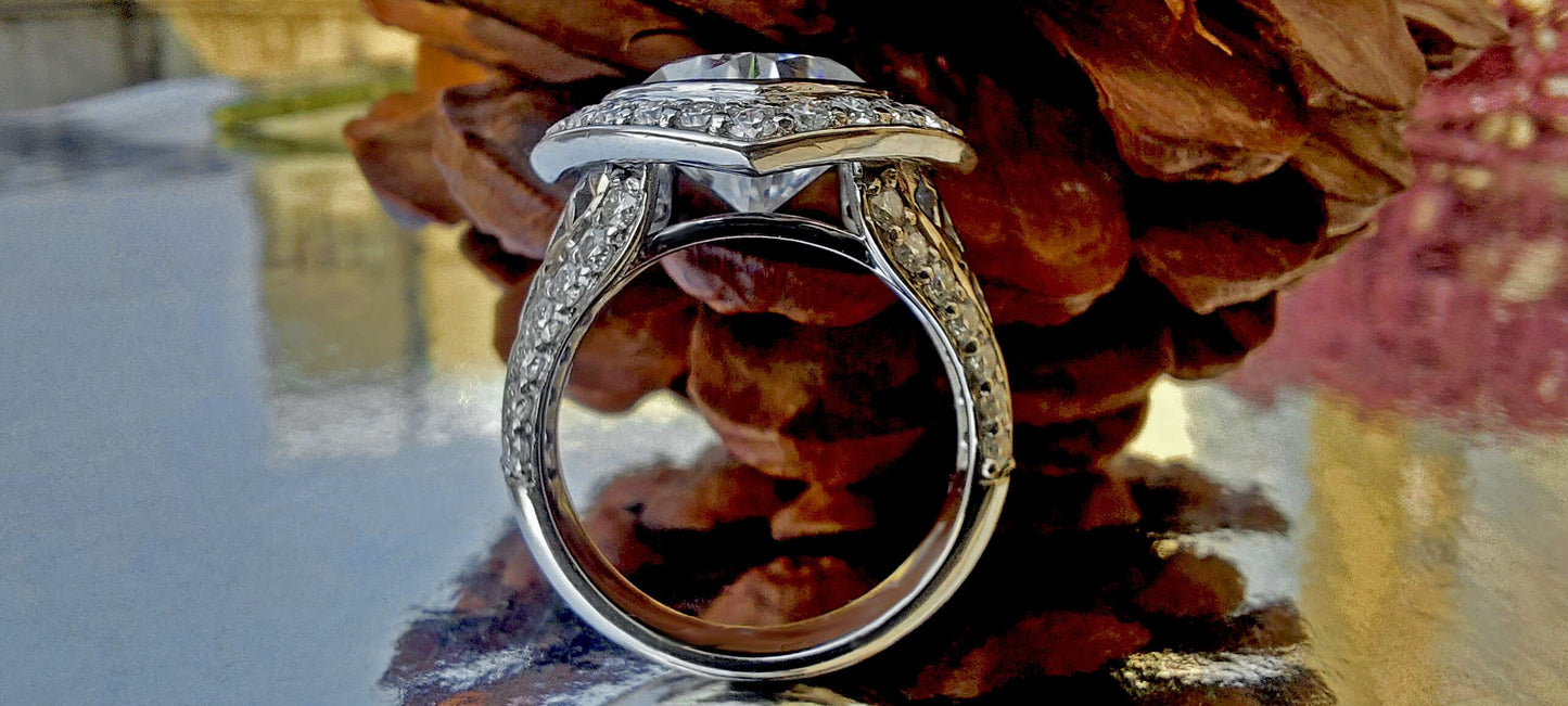 Kite set Cushion Cut Halo Moissanite ring with\without matching band, with side pave lattice band, Cathedral set engagement ring