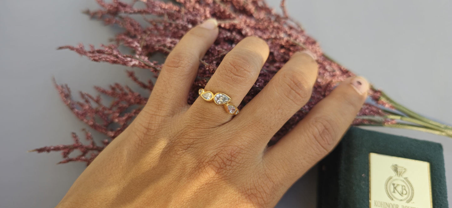 East west Bezel Set Pear Moissanite half eternity ring, Wedding Band, stackable minimalist ring for women, 5 stone anniversary band