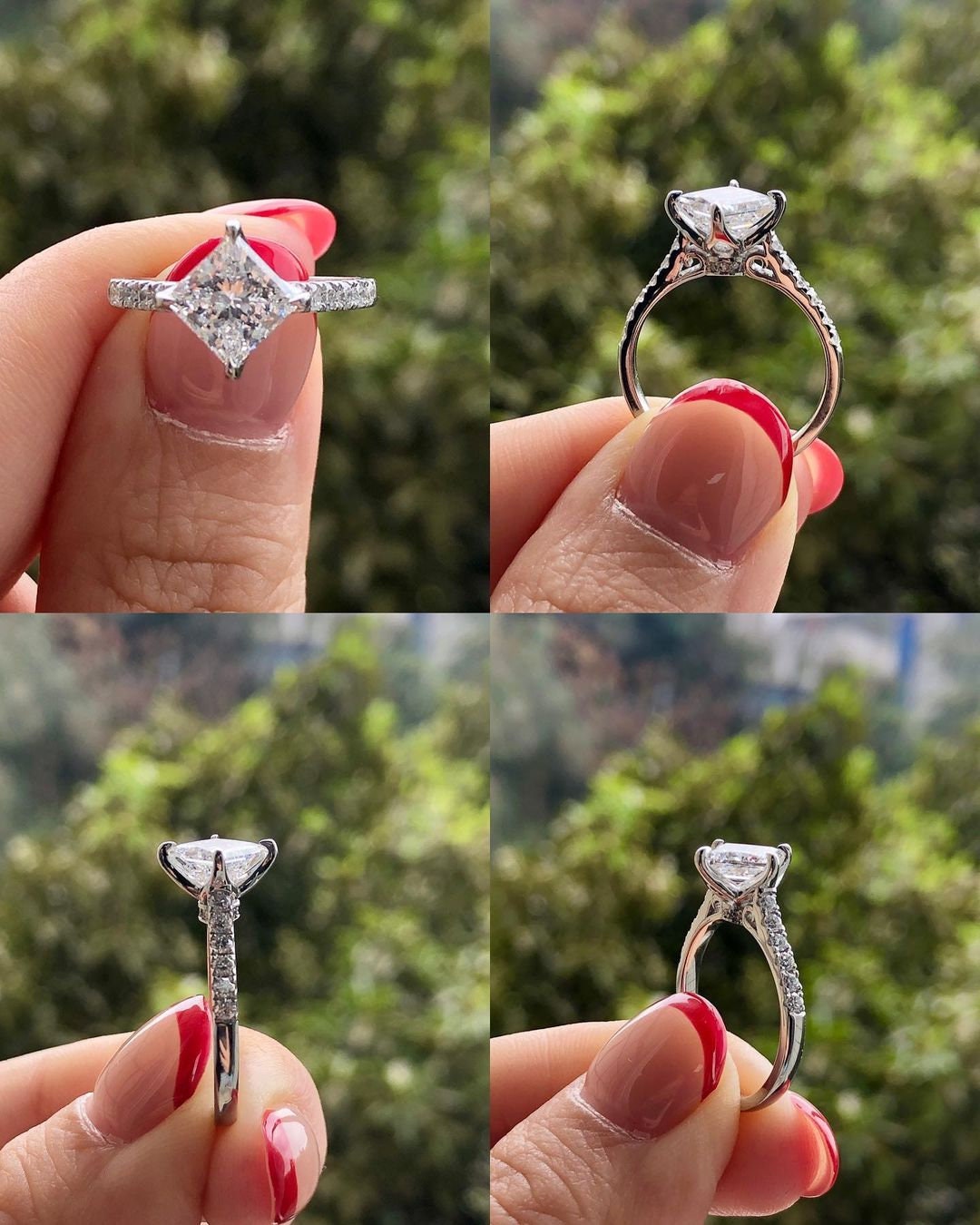 Vintage Compass pong Kite set Princess Cut moissanite with tulip basket and side pave solitaire Engagement ring, vintage-inspired setting.