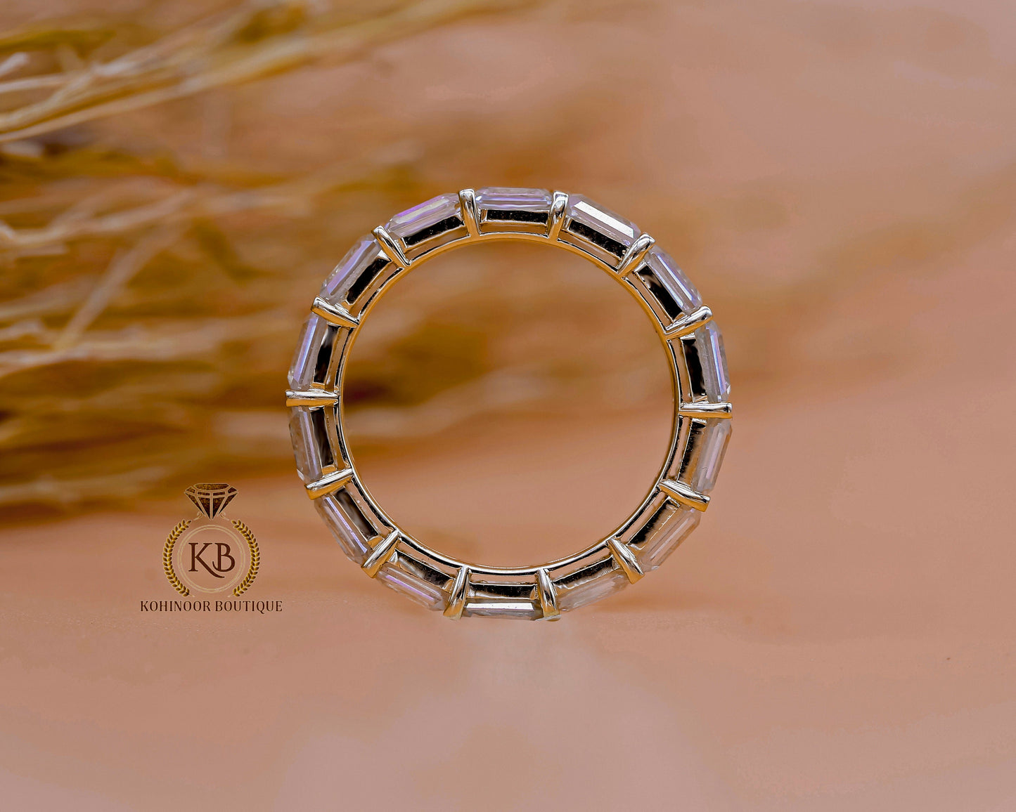 East West Set Emerald Cut Moissanite wedding band, ised in Full\Half Eternity Ring,Stackable moissanite band,Anniversary Gift for wife