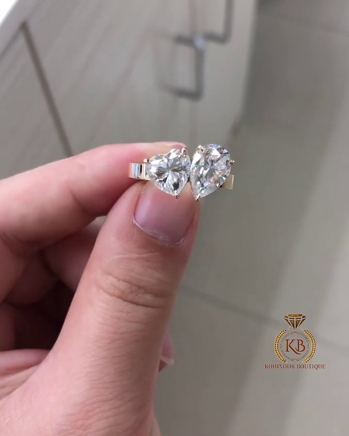Toi et Moi Pear and Heart Moissanite two stone Engagement ring, Statement ring, Wedding\Engagement\Anniversary ring