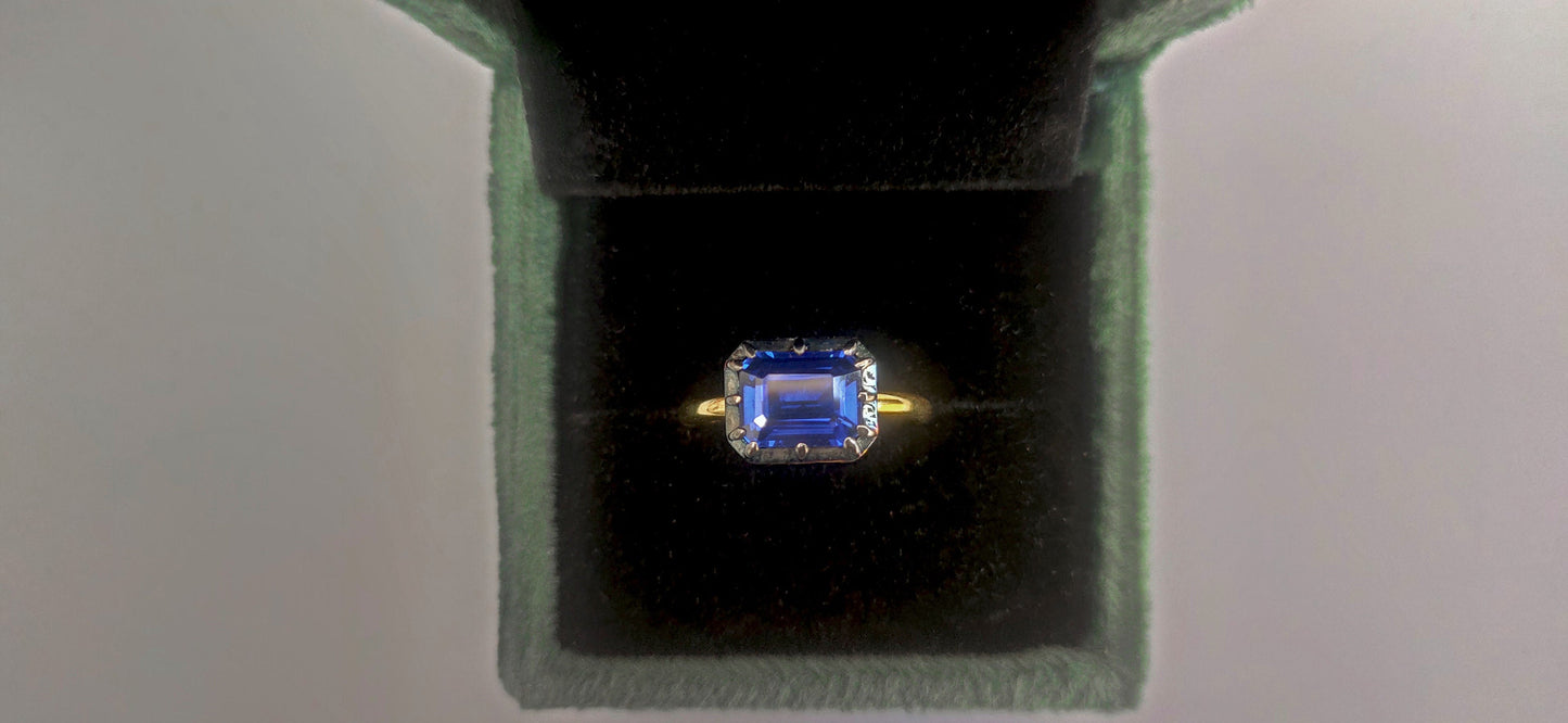 East West  set Lab Blue sapphire emerald Cut Georgian cut down button back solitaire engagement ring, ring for her,ring for women