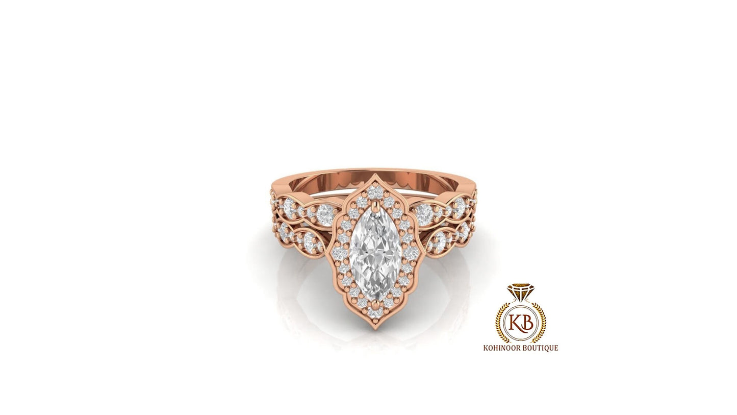 Marquise Cut Halo Vintage Moissanite Engagement Ring, Wedding Bridal Set, Anniversary gift for wife, Ring for women