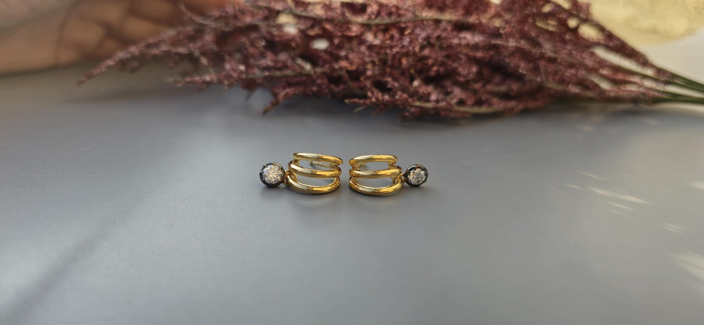 Round Moissanite button back Georgian cut down tripset hoops ,2 in 1  statement earring, blackened gold earrings.