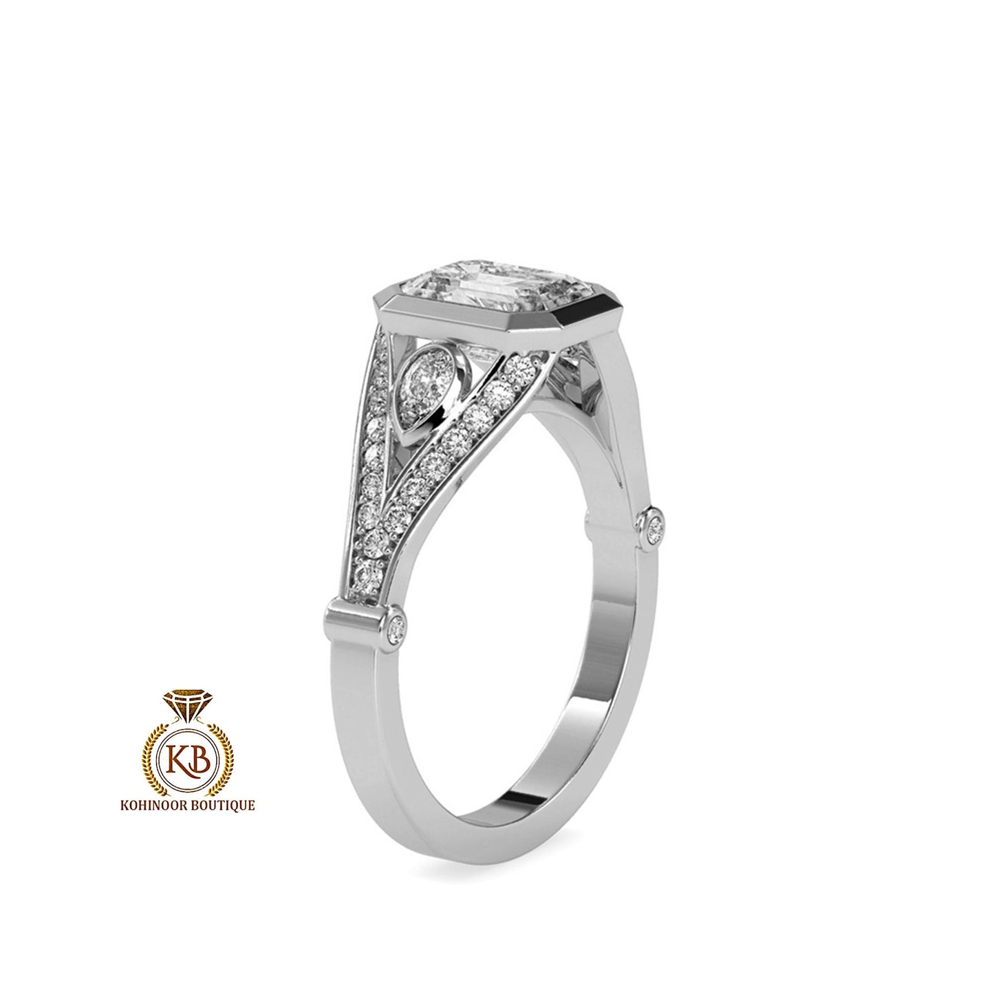 Bezel set Emerald and Pear Cut 3 stone with side pave split shank Moissanite Engagement ring, Ring for women, art deco ring, ring for her.
