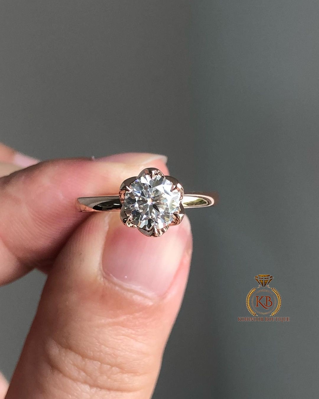 Round Moissanite Tulip Lotus flower basket Solitaire Engagement Ring Promise\proposal Ring.