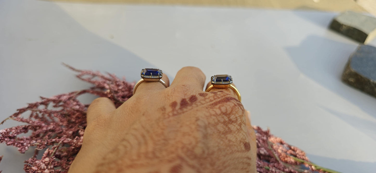 East West  set Corn flower Blue sapphire emerald Cut Georgian cut down button back solitaire engagement ring, ring for her, ring for women