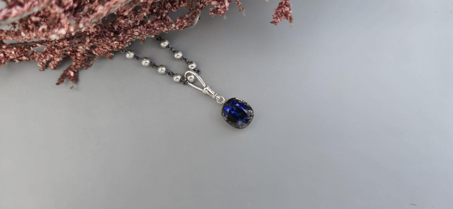 Elongated Cushion Cut Lab Blue Sapphire Pendant, Collet set Georgian cut down set Pendant without chain, Wedding Pendant