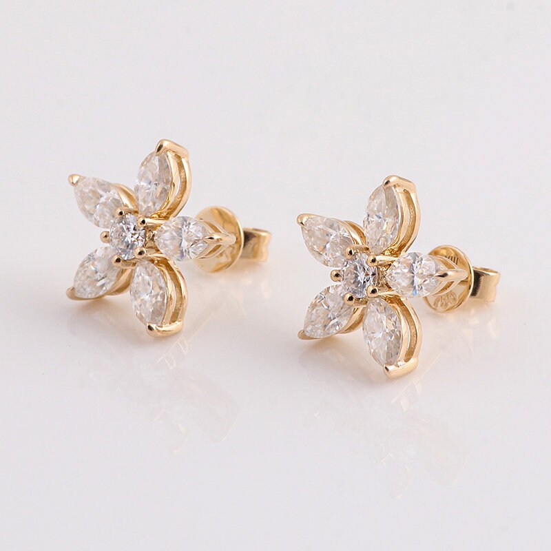 Marquise Cut Flower Petal Moissanite Stud Earrings, Moissanite Wedding Earrings, Push Back Earrings, Anniversary Gift, Mother's Day Gift