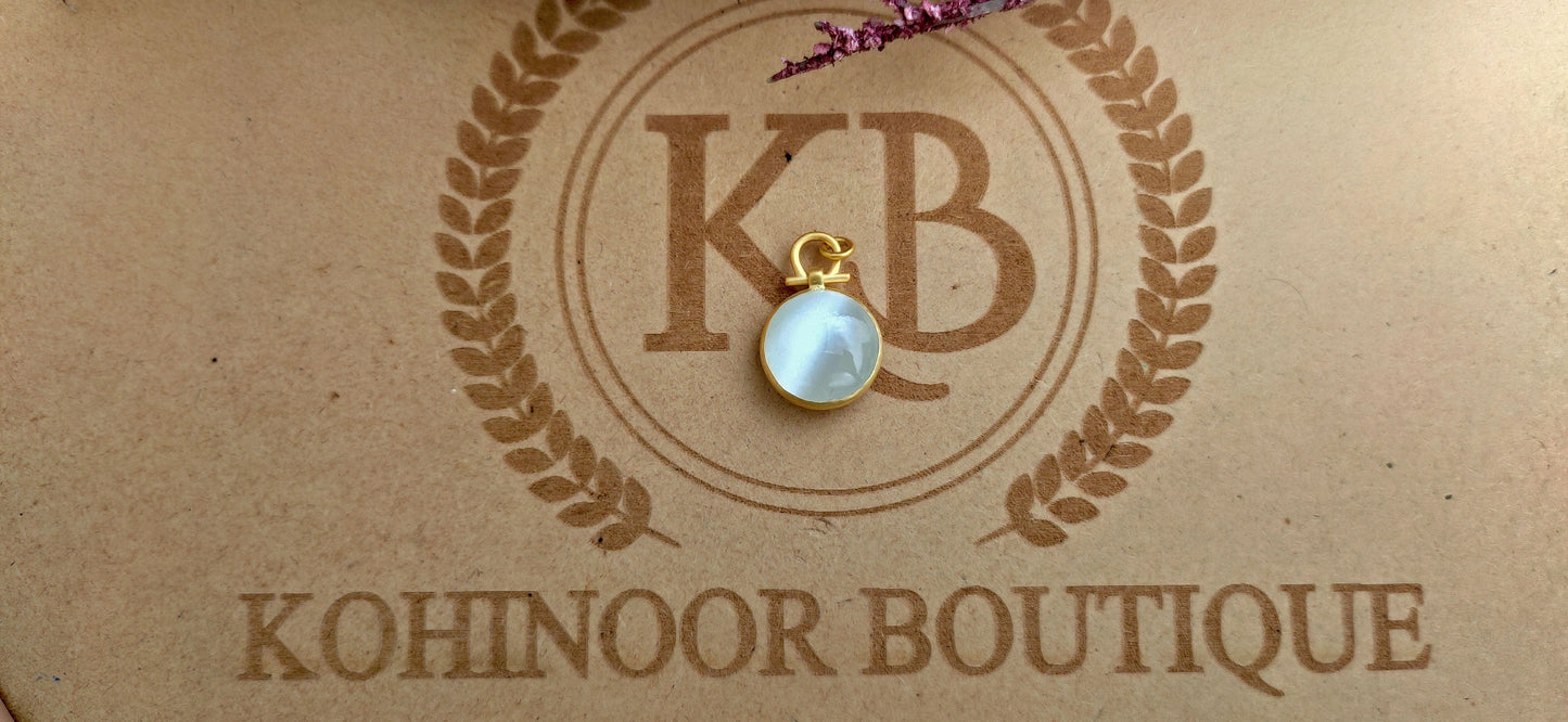 Round White Cat eye Moonstone Cabochon Matt finished, personalized with name at back Pendant ,Wedding Pendant, without chain