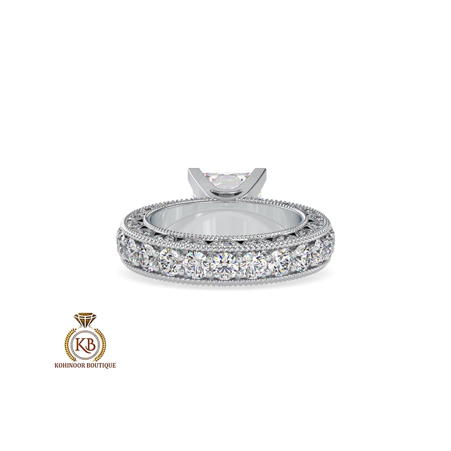 Vintage Princess Cut Moissanite Solitaire Engagement ring with side scallop 3 side pave Band, milgrain detail on band, art deco ring