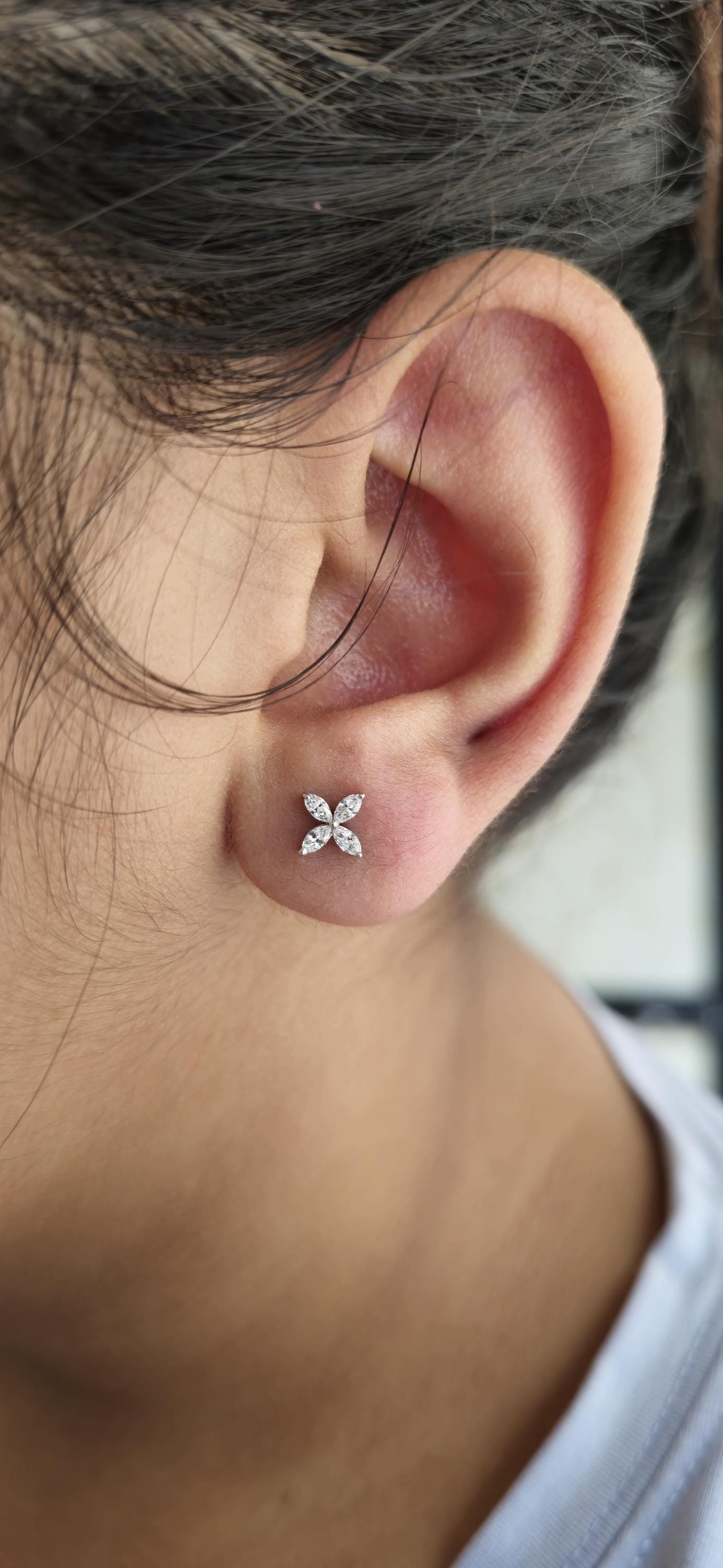 Marquise moissanite floral studs for women, earrings for girls, flower studs, dainty everyday studs, petite studs