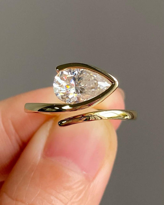 East-West Floating Pear Cut Solitaire Engagement Ring, Right hand ring, Cocktail Ring, Ring for her, ring for women