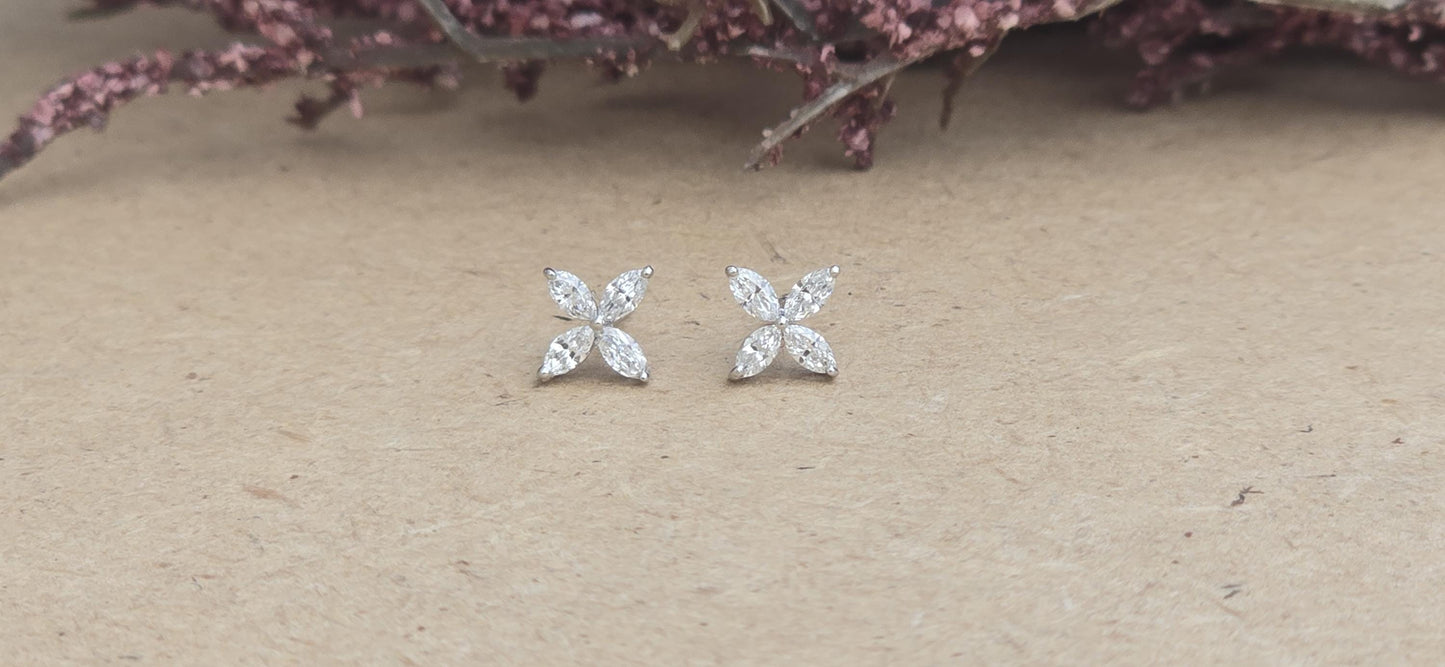 Marquise moissanite floral studs for women, earrings for girls, flower studs, dainty everyday studs, petite studs