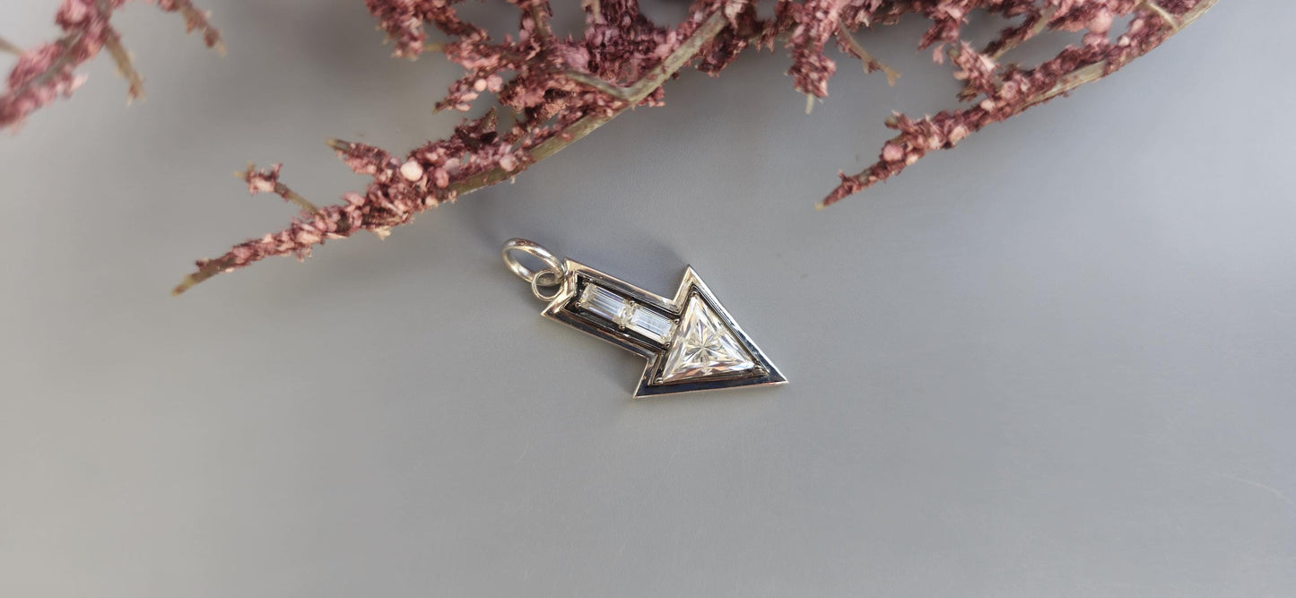 Arrow direction Triangle and baguette Lab Grown Diamond blackened gold Georgian Pendant without chain,Circa Vintage Arrow Talisman Pendant.