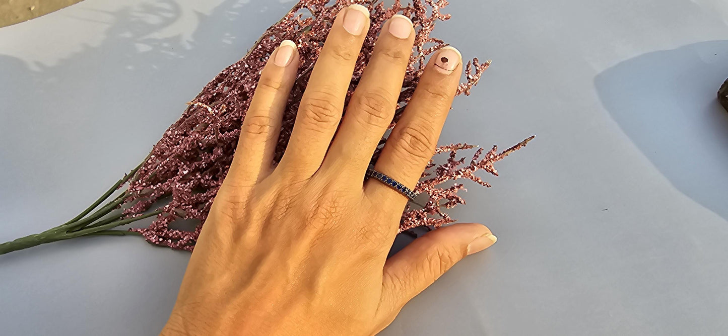 Lab grown Blue Sapphire Georgian Cut-Down Blackened Gold eternity band, also available in half eternity, wedding band for women