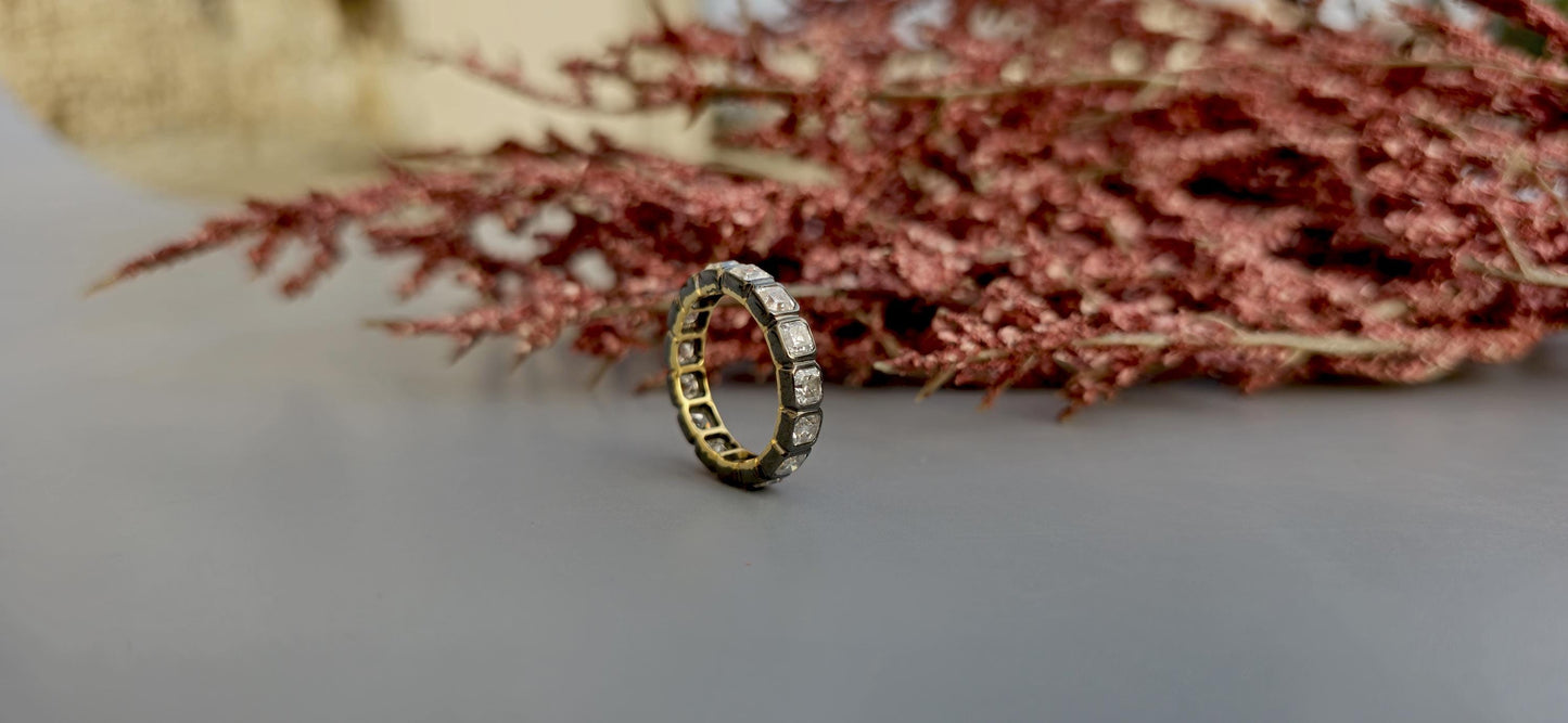 Asscher Cut Lab grown diamond Wedding band in blackened gold, Full\Half Eternity Ring, Stackable Ring, Georgian antique eternity ring