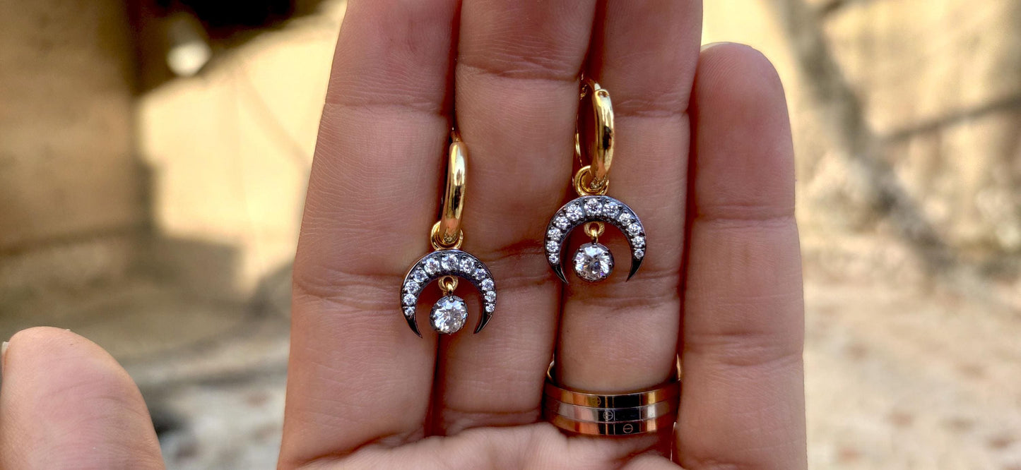 Half moon Moissanite button back Georgian cut down Huggie,2 in 1  statement earring, blackened gold earrings.