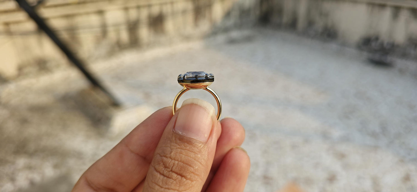 East west set Old mine cut Oval Moissanite Button Back Georgian Cut Down Set ring, blackened gold ring ring for women, Ring for her.