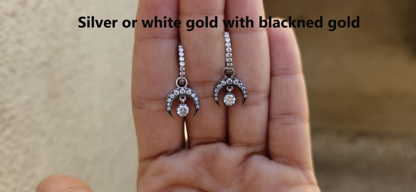 Half moon Moissanite button back Georgian cut down Huggie,2 in 1  statement earring, blackened gold earrings.