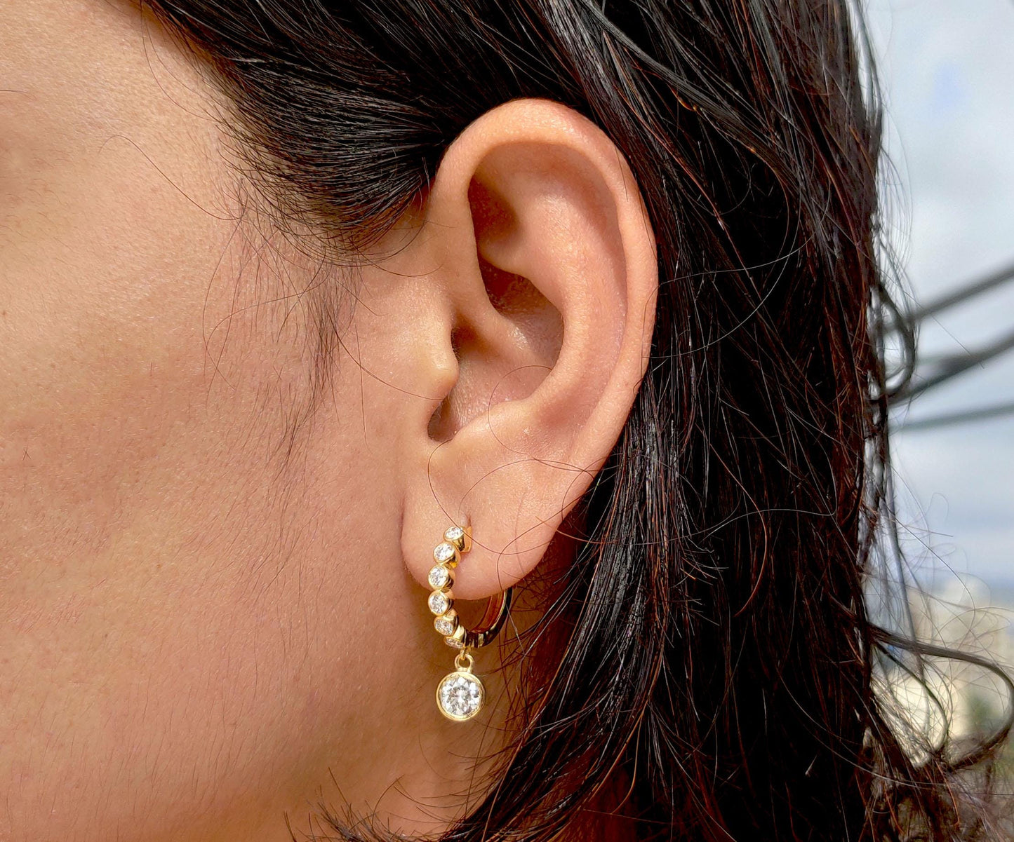 Lab grown diamond bezel drop huggie hoops earrings for women, everyday earrings, Push back\Earrings, wedding huggie, gift for women