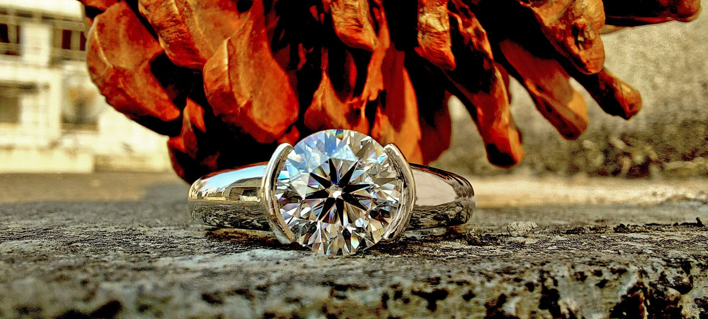 Round Lab grown Diamond Half Bezel Solitaire Engagement Ring, Ring for Women, Ring for Men, Ring for Unisex adult.