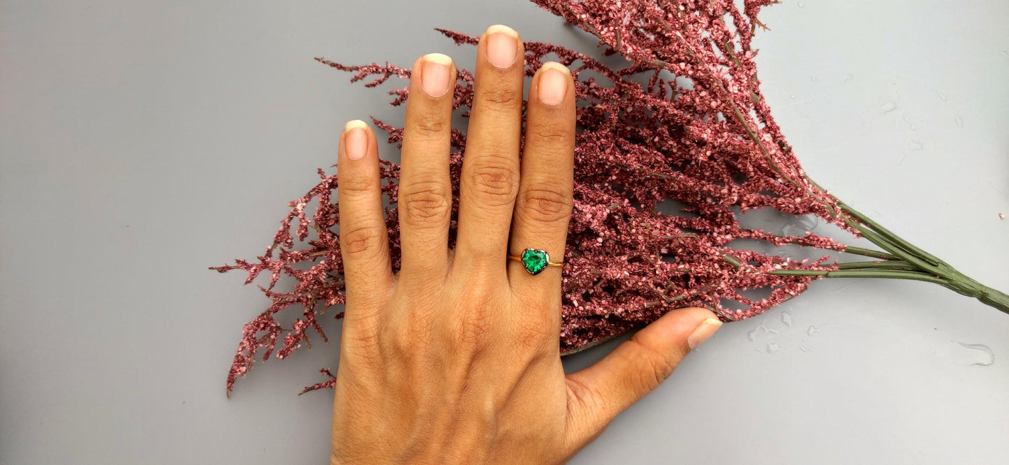 Lab Emerald Heart Cut Georgian cut down button back solitaire engagement ring, ring for her, ring for women, blackened gold stackable ring.