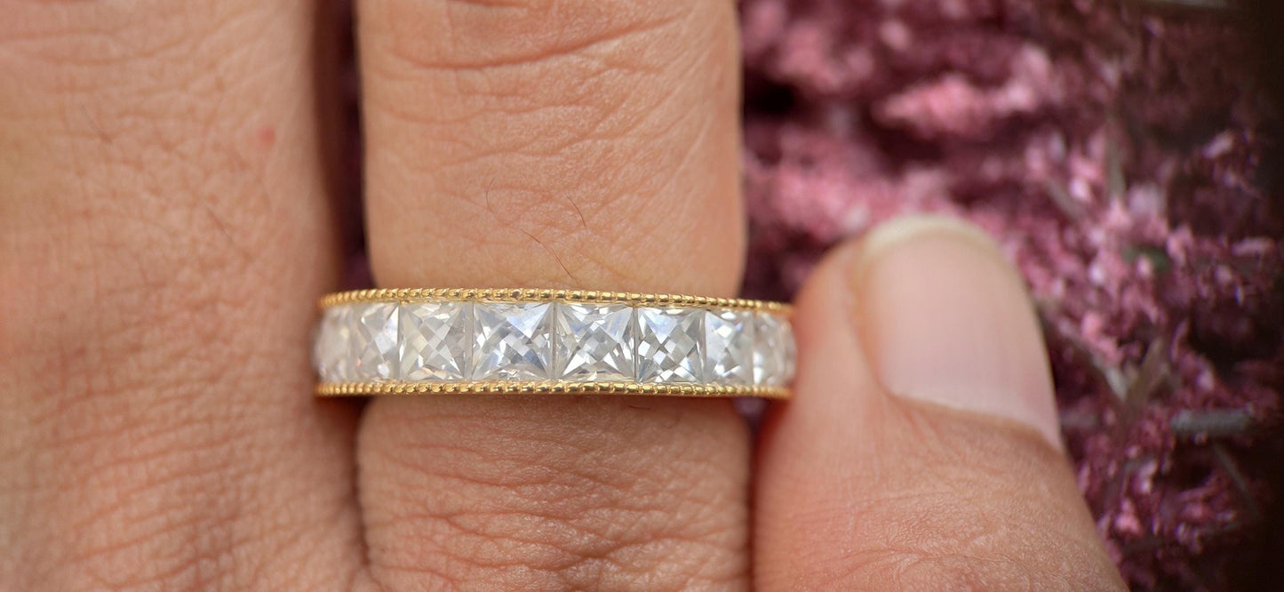 Vintage France\ French cut Moissanite Eternity ring,wedding band, stackable ring,Princess carre cut Half\Full eternity band,Anniversary gift