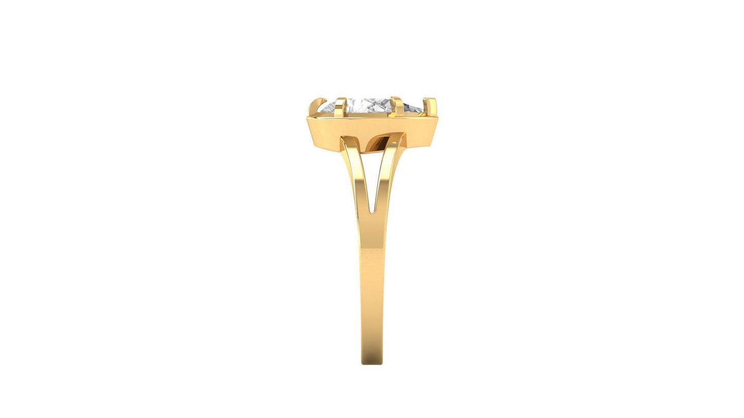 Pear-shaped Georgian cut down Collet set Split shank Moissanite Solitaire Engagement ring, low-set on the finger, low-set on the finger.