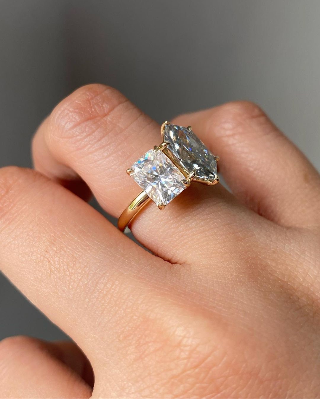 Grey Duchess Marquise and Radiant Cut moissanite Toi Et Moi two stone Engagement ring, in 925S,10k,14k,18k Gold and Platinum.