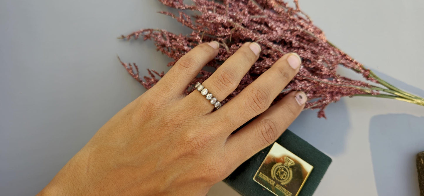 Bezel set Oval Cut Moissanite Wedding band in blackened gold, Full\Half Eternity Ring, Stackable Ring in 18k\14k\10k White\Yellow\Rose Gold