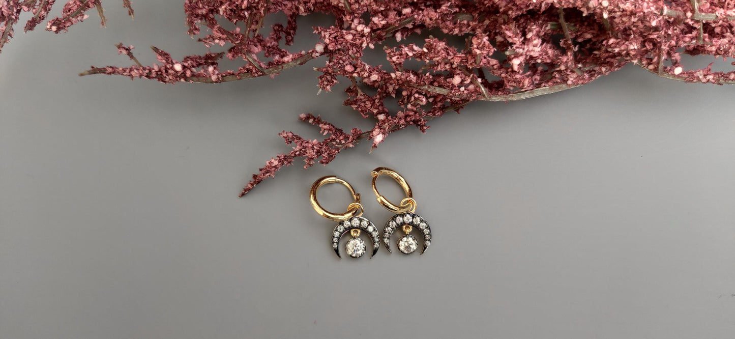 Half moon Lab grown diamond button back Georgian cut down Huggie,2 in 1  statement earring, blackened gold earrings.