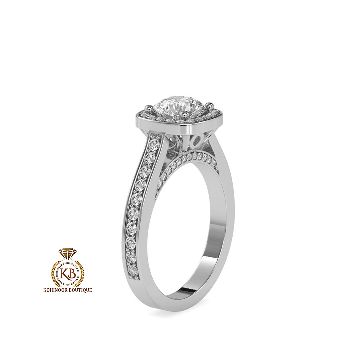 Cathedral set Round Cut Halo with Floral basket and side pave Moissanite Solitaire Engagement ring, Right-hand Ring, Gift for wife, mother.