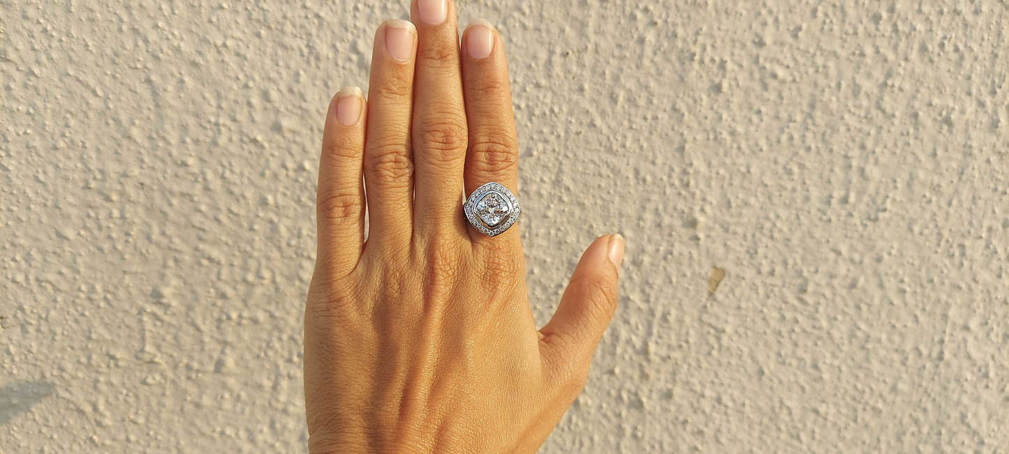 Kite set Cushion Cut Halo Moissanite ring with\without matching band, with side pave lattice band, Cathedral set engagement ring