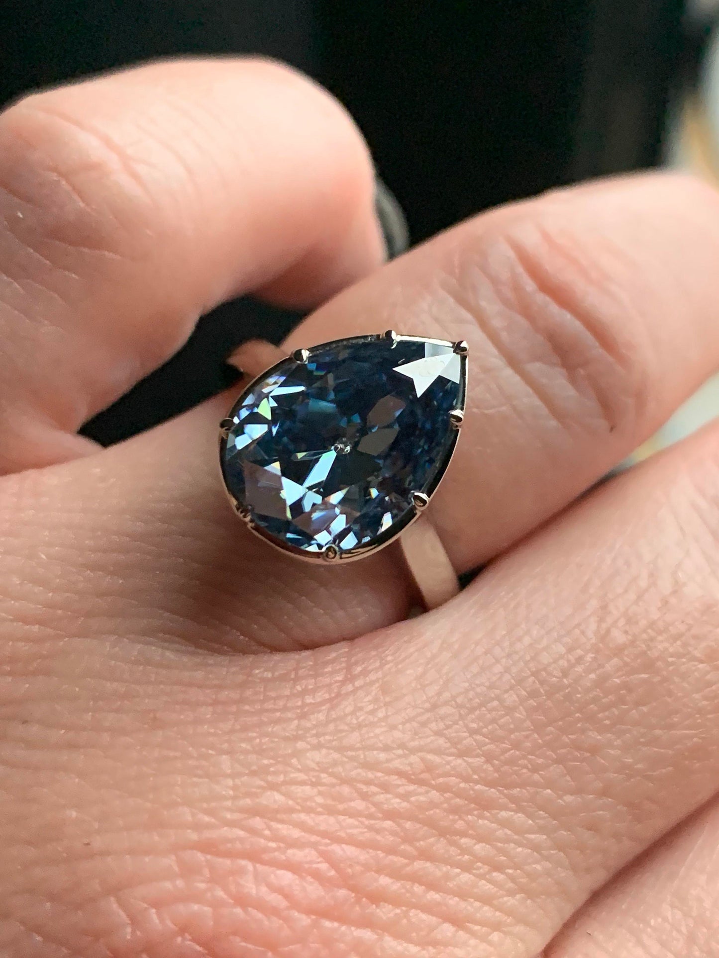 Old Mine Antique OMC Blue Pear Cut Georgian cut down Moissanite Engagement Ring, Tulip Basket ring, Tulip Petal ring, Floral basket ring