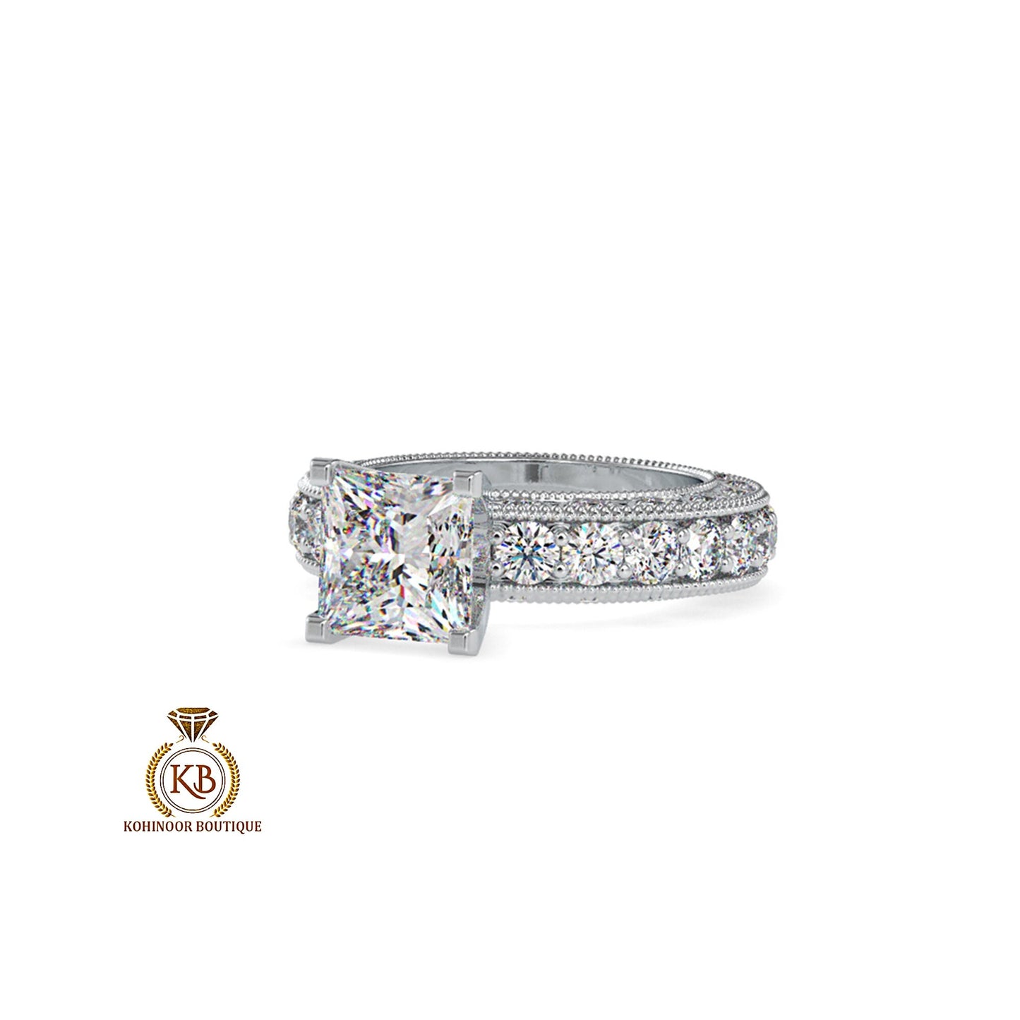 Vintage Princess Cut Moissanite Solitaire Engagement ring with side scallop 3 side pave Band, milgrain detail on band, art deco ring