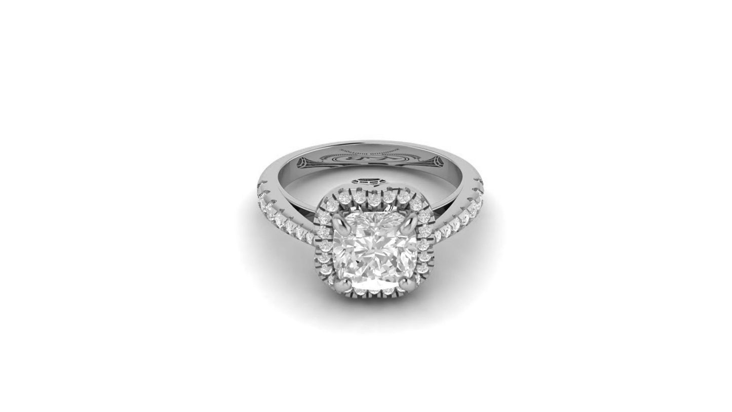 Tulip Lotus Basket Cushion Cut Moissanite Halo Engagement Ring With French Pave Band, Ring for her, Wedding anniversary gift