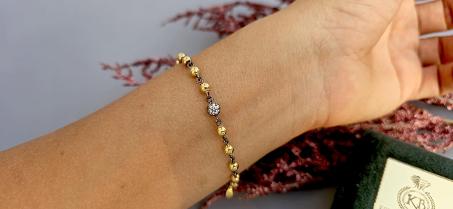 Ball n chain blackened gold button back moissanite stackable bracelet with 2 charms of your choice, mention charm shape in personalization