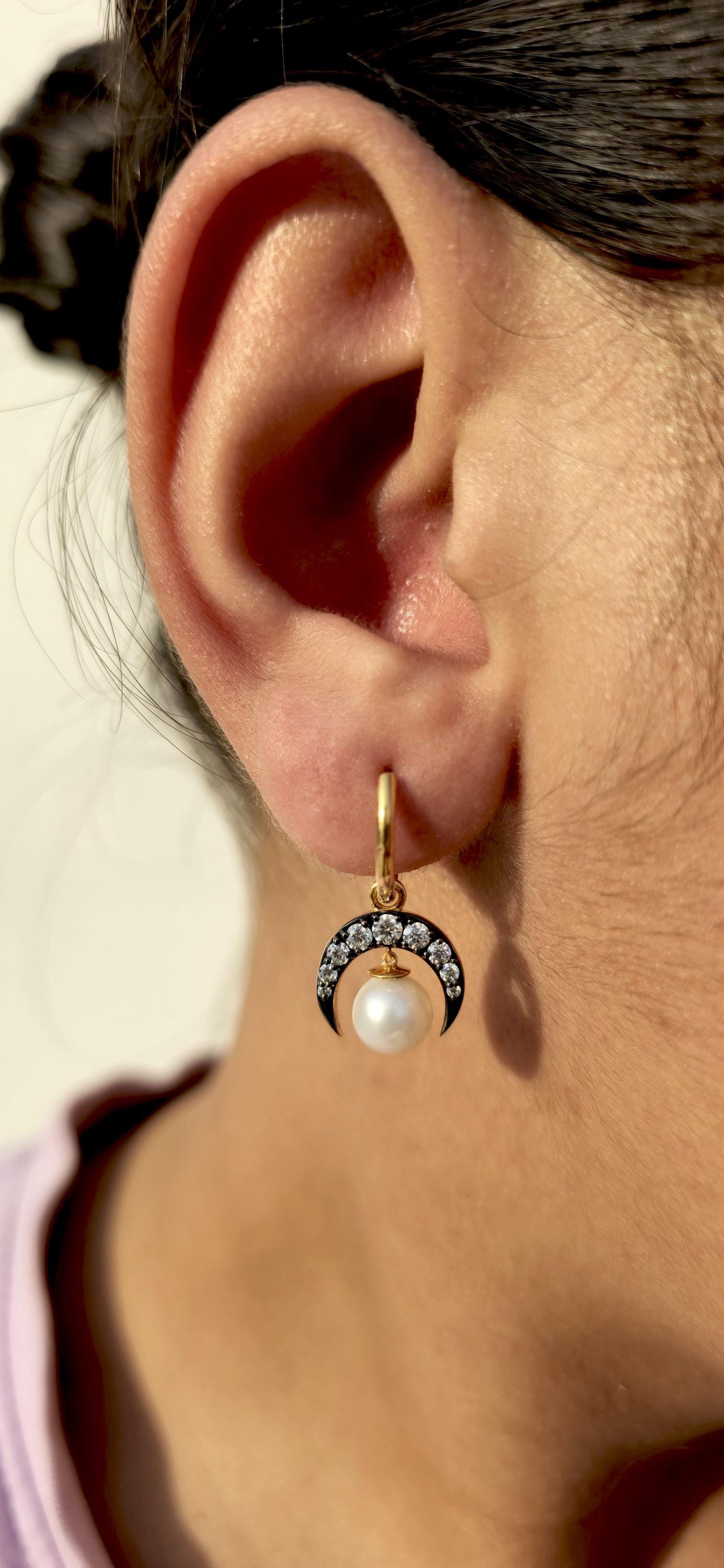 Half moon Moissanite button back Georgian cut down Huggie,2 in 1  statement earring, blackened gold earrings.