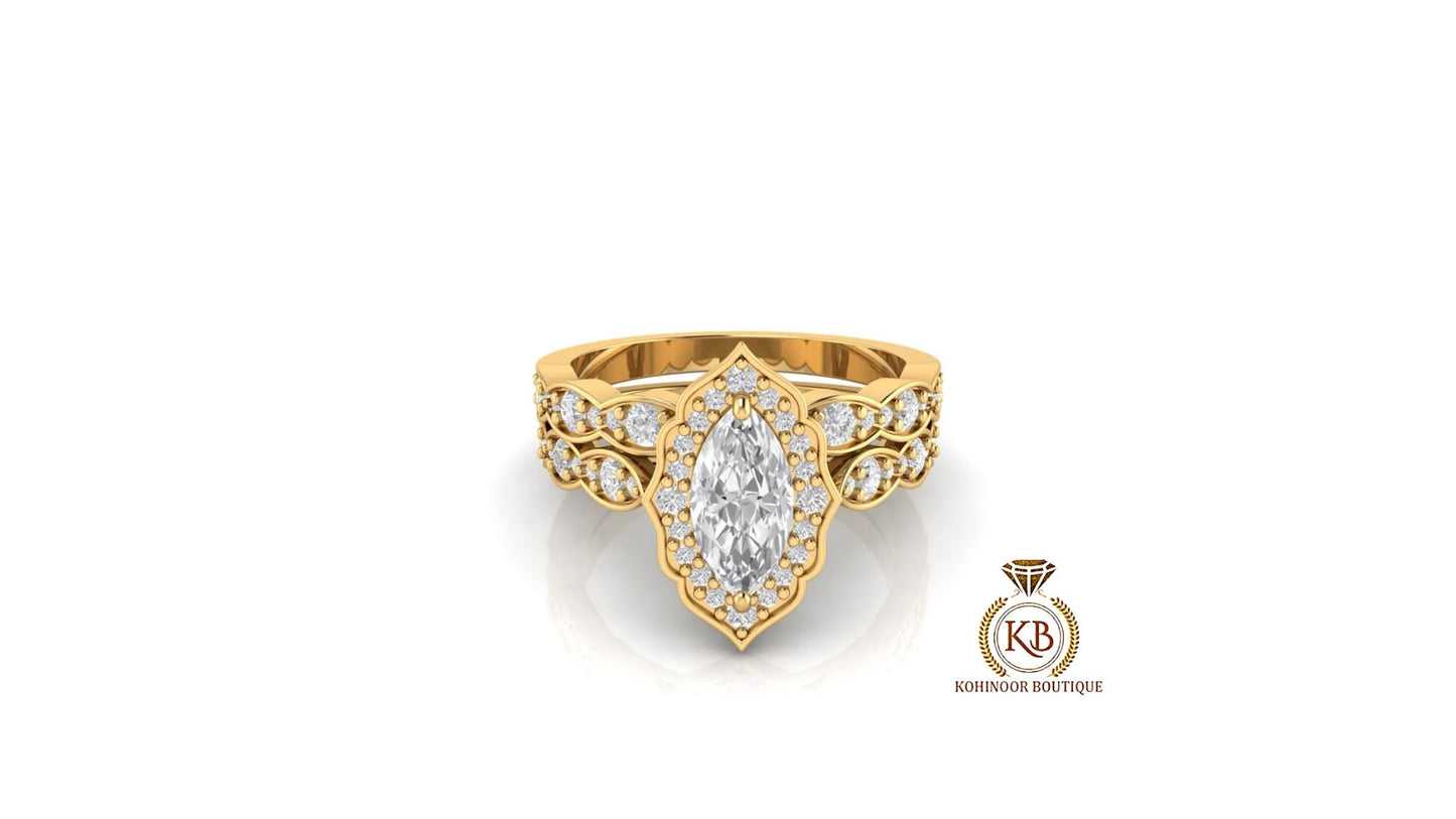 Marquise Cut Halo Vintage Moissanite Engagement Ring, Wedding Bridal Set, Anniversary gift for wife, Ring for women