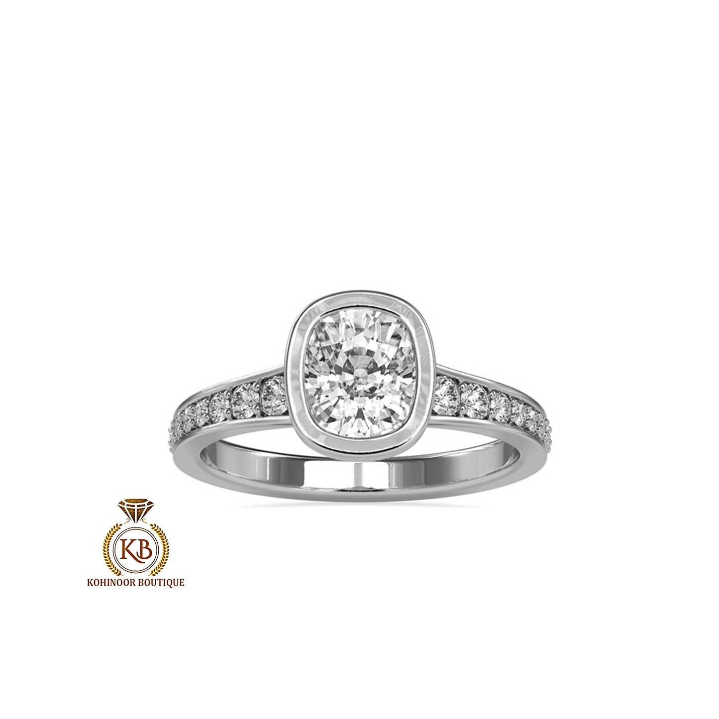 Elongated Cushion Cut Bezel Set Classic Solitaire with open gallery and side pave Moissanite Engagement ring. Ring for her, ring for women.