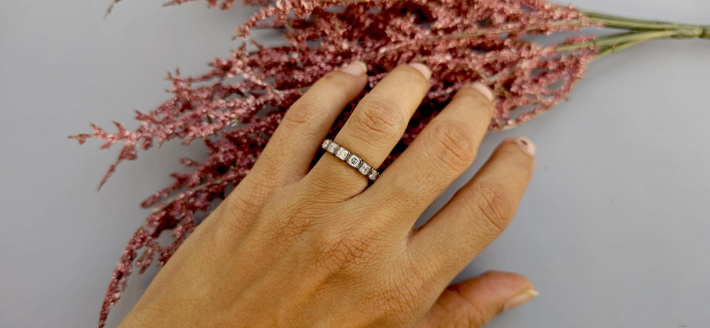 Asscher Cut Lab grown diamond Wedding band in blackened gold, Full\Half Eternity Ring, Stackable Ring, Georgian antique eternity ring