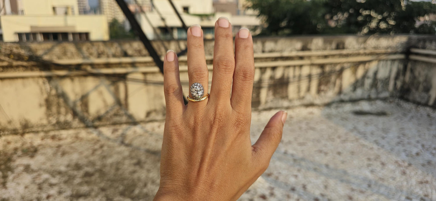 Floating Old mine cut Oval Halo set Georgian Moissanite Solitaire Engagement ring, Ring for her, right hand ring, Vintage Pave basket ring