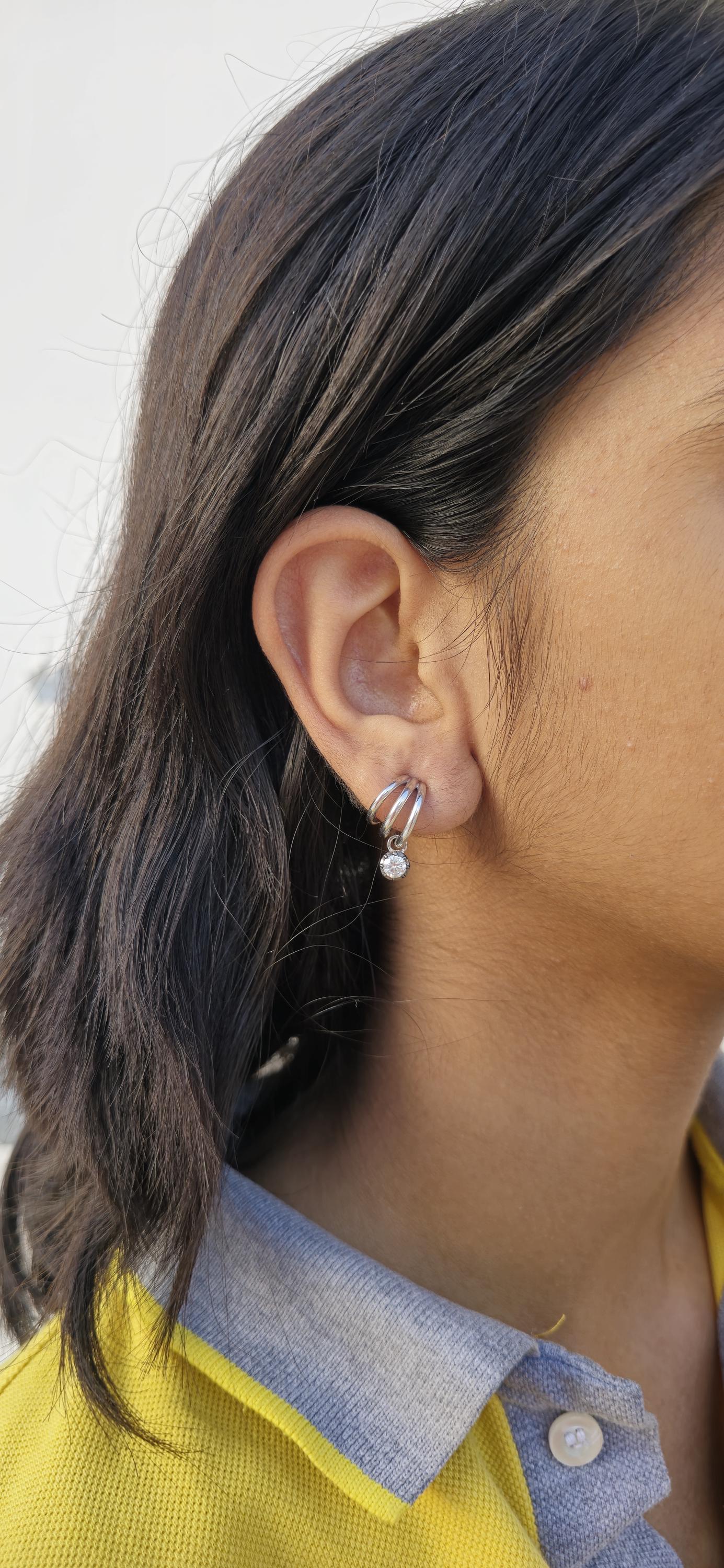 Round Moissanite button back Georgian cut down tripset hoops ,2 in 1  statement earring, blackened gold earrings.