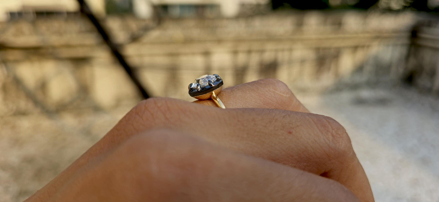 East west set Old mine cut Oval Moissanite Button Back Georgian Cut Down Set ring, blackened gold ring ring for women, Ring for her.