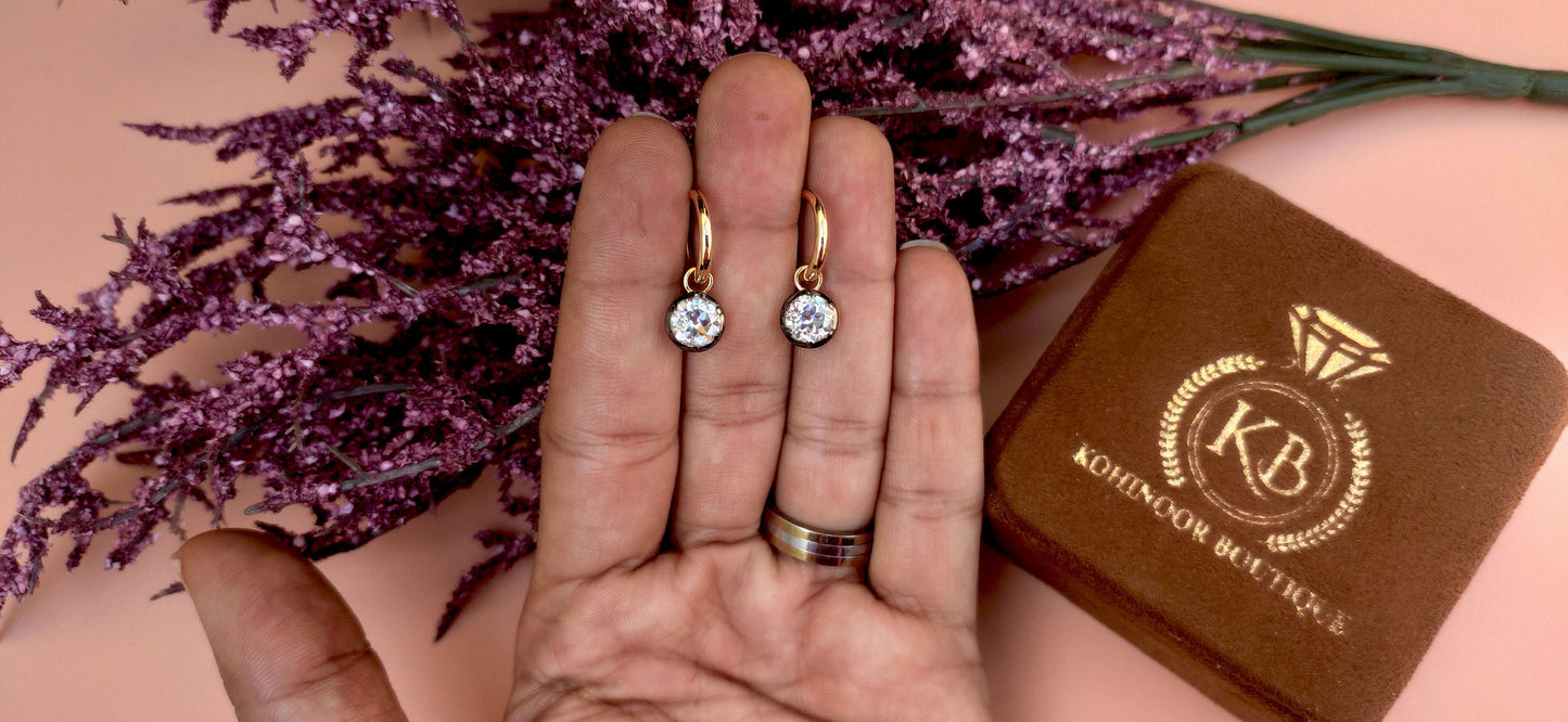 Old European Cut OEC Round Moissanite button back Georgian cut down Gypset, statement earring, blackened gold earrings.