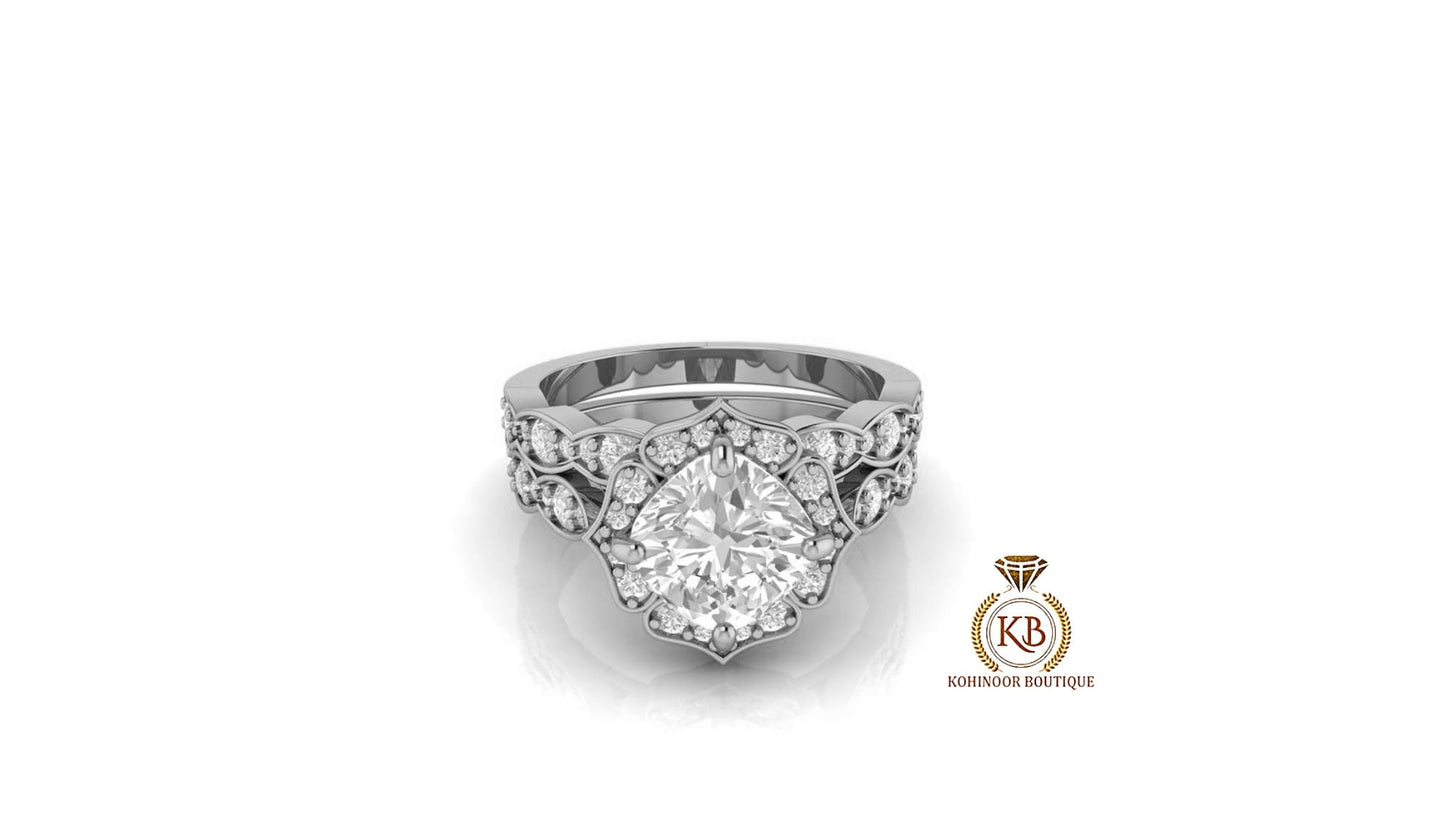 Vintage Floral Kite Set Cushion Cut Halo Moissanite Cathedral set with side pave Engagement Ring with scalloped Bridal Wedding band set.