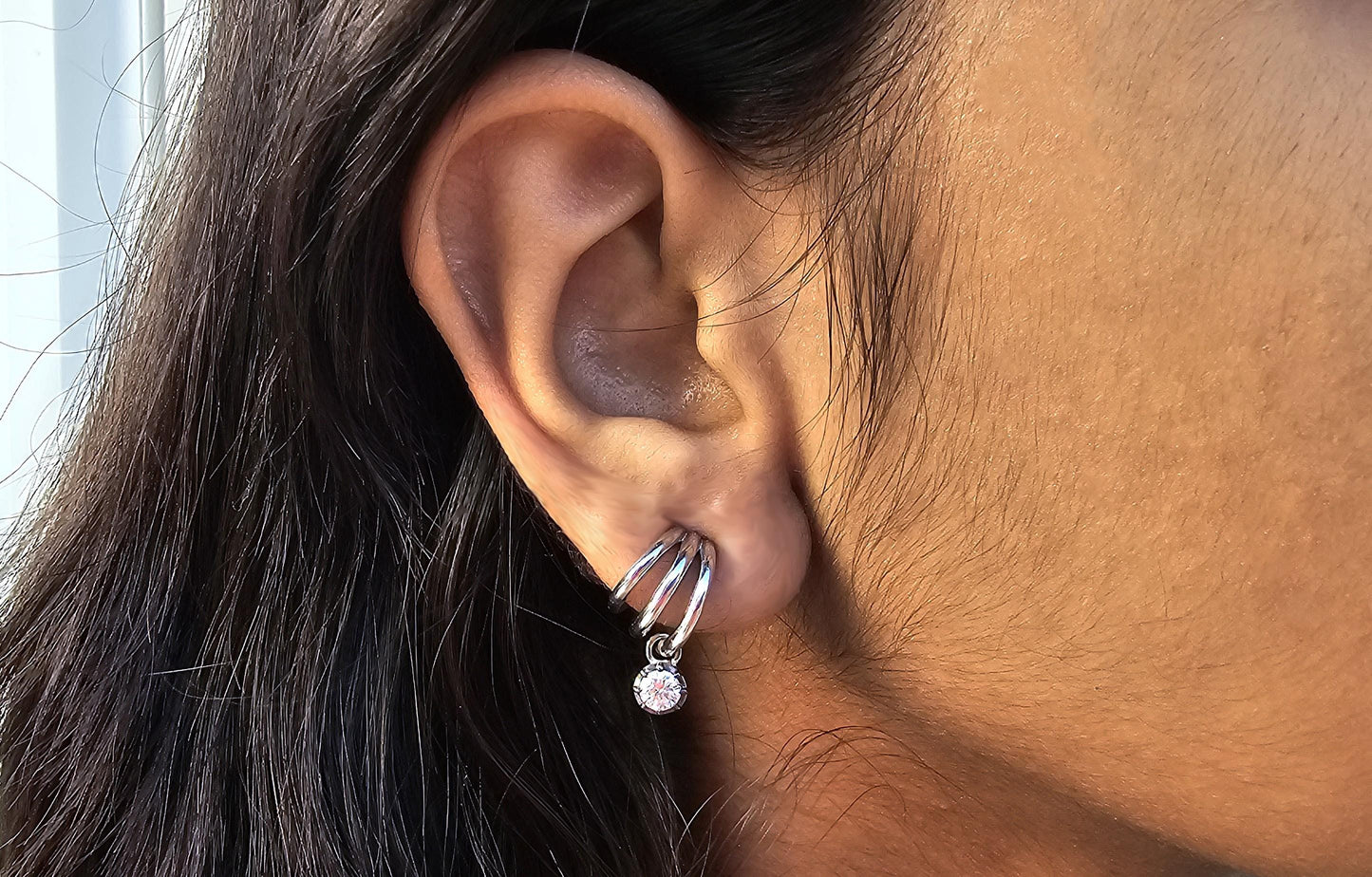 Round Moissanite button back Georgian cut down tripset hoops ,2 in 1  statement earring, blackened gold earrings.