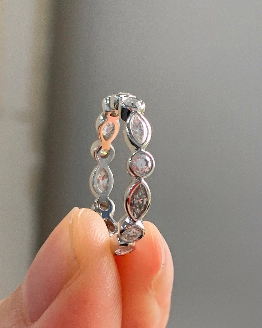 Marquise and Round Bezel Set Moissanite wedding band, stackable minimalist ring, Full Eternity Ring, wedding gift, anniversary gift for wife